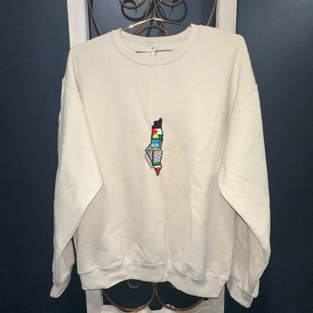 Cream Crewneck Sweater with Embroidered Design